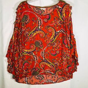 est 1946 Women's Rust Burnt Orange Paisley Fall Top Peplum Sleeves Large